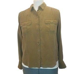 J Crew Size 12 Button Down Shirt Blouse Long Sleeve Olive Green 100% Silk